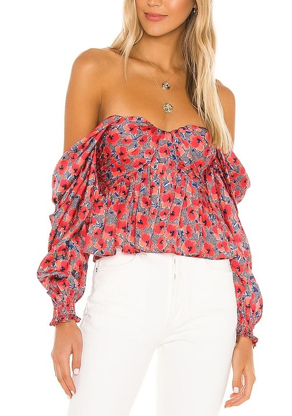 House Of Harlow 1960 Smocked Red Poppy Floral Burna Blouse Size S